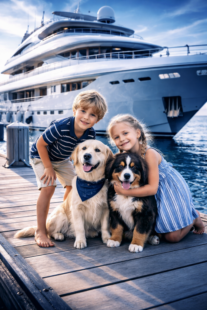 niños y perros en el muelle